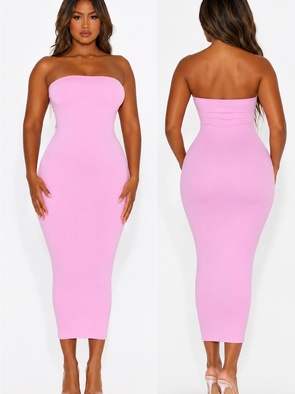 naked wardrobe Strapless Bodycon Midi Dress in Light Pink